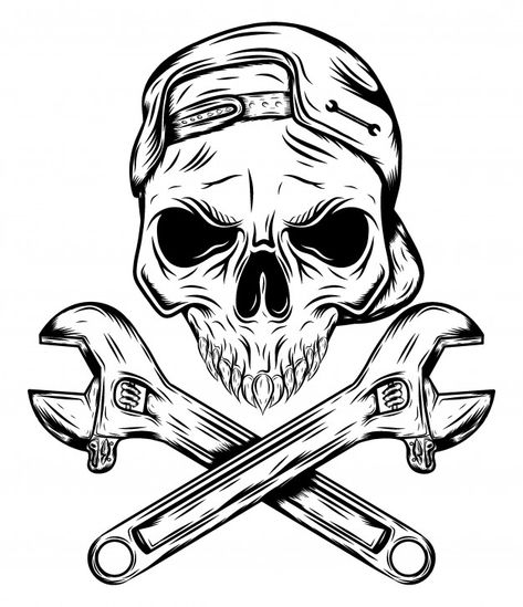 Wrench Tattoo, Skull Icon, Skull Stencil, Skulls Drawing, Vintage Skull, Skull Face, Skull Drawing, Wedding Tattoos, School Tattoo