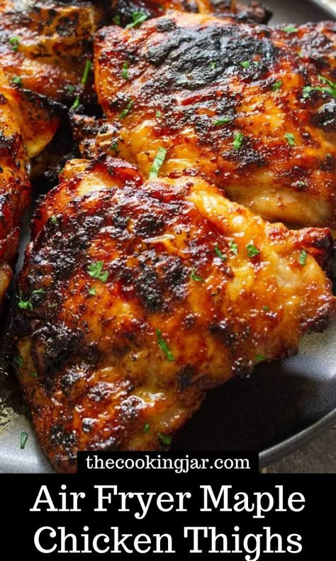 These air fryer maple chicken thighs are the BEST thighs you can make, with maple caramelized crispy skins and flavorful, juicy meat. Dig in and enjoy! Airfryer Ideas, Air Fryer Recipes Chicken Wings, Air Fryer Recipes Chicken Thighs, Maple Glazed Chicken, Slow Cooker Chicken Healthy, Maple Chicken, Air Fryer Chicken Thighs, Marinated Chicken Thighs, Air Fried Chicken