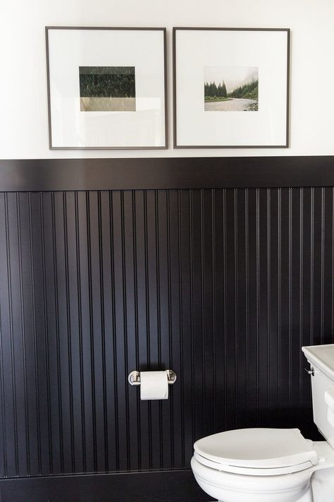 Our Favorite Powder Bathrooms - Studio McGee Modern Chair Rail Bathroom, Bathroom Black Wainscoting, Black Paneling Wall, Black Bead Board Bathroom, Black Wainscoting Office, Half Wall Black Paneling, Dark Wainscoting Ideas Bathroom, Black Wanescoting, Black Waynes Coating Ideas