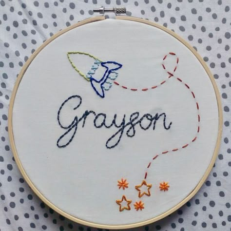 Embroidery For Baby Boy, Name Rocket, Stars Embroidery, Baby Boy Name, Embroidery Designs Baby, Boy Name, Diy Baby Gifts, Name Embroidery, Calico Fabric