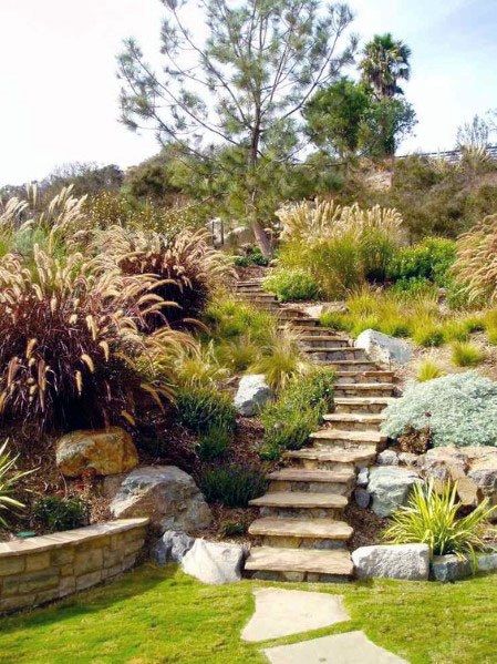 Top 50 Best Slope Landscaping Ideas - Hill Softscape Designs Craftsman Landscaping, Sloped Backyard Landscaping, Terraced Landscaping, Landscaping A Slope, Landscaping On A Hill, Sloped Yard, Hillside Garden, Sloped Backyard, Garden Stairs