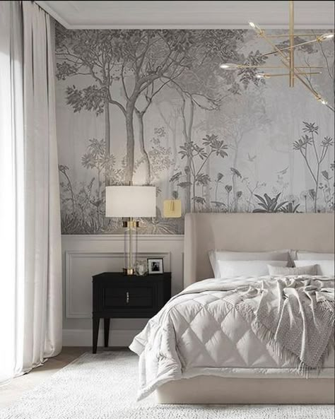 Wallpaper Over Wood Paneling Bedroom, Serene Master Bedrooms, Primary Bedroom Wallpaper Accent Wall, Transitional Bedroom Design, Bed Interior, Minimalist Bed, Bed Design Modern, Master Bedrooms Decor, Wallpaper Bedroom