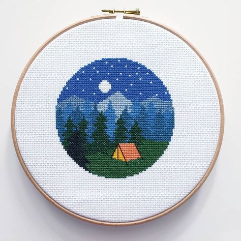 Juli on Instagram: “Finished! Still resisting the temptation to add some sort of sinister quote to this one - have clearly been watching too much true crime 😂🏕…” Sinister Quotes, Camping Cross Stitch Patterns, Cross Stitch Camping, Mountains Scenery, Simple Embroidery, Modern Cross Stitch Patterns, Cross Stitch Patterns Free, Modern Cross Stitch, Cross Stitch Chart