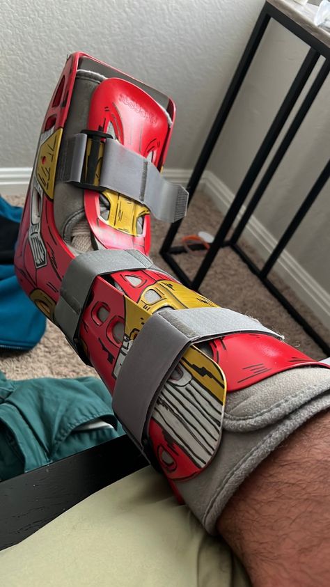 Air cast boot painted as an ironman boot for broken legs. Marvel Universe air cast boot. DIY project on aircast boot Aircast Boot Decorations, How To Paint Boots Diy, Decorated Air Cast Boot, Paint Boots Diy, Medical Boot Decorations Diy, Painted Boots Diy Ideas, Decorated Leg Cast, Air Cast Boot, Walking Cast Boot