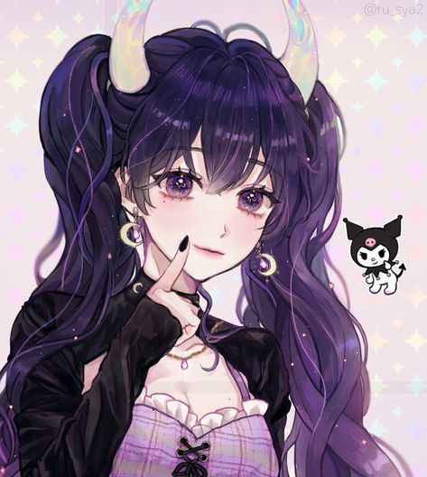 Kuromi Anime, Girl With Purple Hair, Anime Purple Hair, Purple Goth, Anime Goth, Hello Kitty Characters, Hello Kitty Art, Hello Kitty Pictures, Cute Cartoon Drawings