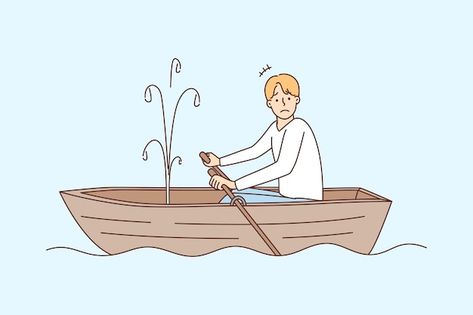 Vector stressed man sailing in boat with... | Premium Vector #Freepik #vector #sinking-ship #trouble #male-cartoon #man-drawing Man In Boat Drawing, Sinking Boat Drawing, Ship Sinking Drawing, Sailing Drawing, Ship Sinking, Sink Drawing, Male Cartoon, Sinking Ship, Boat Illustration