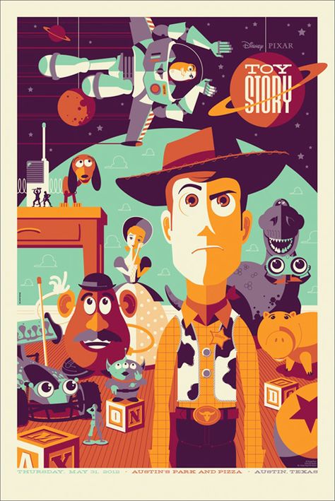 Toy Story - Mondo Poster.  For both Dad and I.  We used to recite every line of this movie together...clearly watched it too much.  This would be perfect - and still cool enough for mom to put up in the living room. باز يطير, Vintage Disney Posters, Tom Whalen, Mondo Posters, Disney Poster, Vintage Films, Sejarah Kuno, Cartoon Disney, Disney Fanart