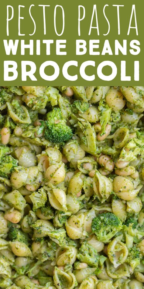 This Pesto Pasta with Broccoli and White Beans is an easy 30 minute dinner that's packed with tons of broccoli and protein! It can easily be made vegan or gluten free and it's great for the entire family. Bookmark this healthy pesto pasta for your weekly meal plan! #pestopasta #broccolipasta #vegandinner #easyrecipe #vegetarian White Bean Pesto, Pesto Recipes Dinner, Healthy Pesto Pasta, Food Recipes Meat, Vegetarian Pesto, Pesto Dishes, Veggie Pasta Recipes, Vegan Pesto Pasta, Pasta With Broccoli