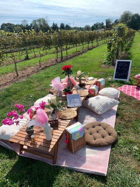 Proposal Ideas Winery, Picnic Bridesmaid Proposal, Winery Birthday Party Ideas, Vineyard Birthday Party Ideas, Winery Proposal Ideas, Winery Birthday Party Decor, Winery Birthday Party, Bridesmaid Party Bachelorette, Winery Bachelorette Party Ideas