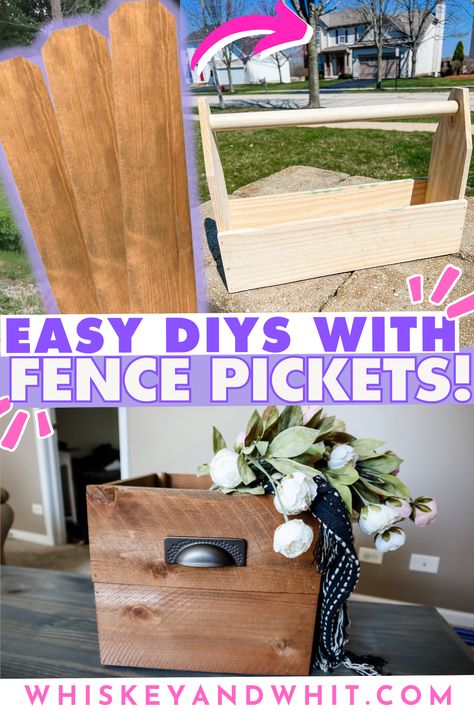 Grab $2 wood fence pickets to make these EASY Decor DIYs – Great to gift + sell, too! - Whiskey & Whit Picket Fence Ideas Crafts Wood, Cedar Fence Pickets Easy Diy Projects, Fence Slats Projects, Old Picket Fence Ideas Diy Projects, Dog Ear Fence Crafts Diy Projects, Cedar Picket Projects, Cedar Fence Picket Projects, Spring Wood Crafts To Sell, Fence Picket Projects