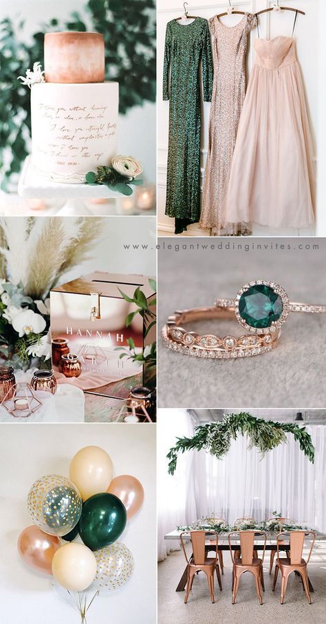 emerald green, rose gold and blush chic modern wedding colors Emerald Wedding Colors, Gold Ideas, Gold Wedding Colors, Emerald Green Weddings, Emerald Wedding, Wedding Theme Colors, Rose Gold Wedding, Green Rose, Blush Wedding