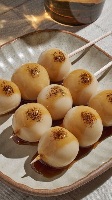 Eric🍰Baking and Recipes on Instagram: "Episode 2 of food on sticks : Japanese Mitarashi Dango 🍡 What should I make next? . makes 4 skewers 2 tbsp Japanese soy sauce 2 tbsp Mirin 2 tbsp Raw Cane Sugar 2 tbsp Water 1/2 tsp Potato starch 120g Shiratamako or glutinous rice flour 150g Silken tofu 1 tbsp Water if needed 1. In a small saucepan, mix together soy sauce, Kirin, and cane sugar. Bring to a simmer. Then to make the starch slurry, mix together water and potato starch in a small bowl. Add po Mitarashi Dango Aesthetic, Sanshoku Dango, Dango Mitarashi, Japanese Dango, Mitarashi Dango, Japanese Deserts Aesthetic, Food On Sticks, Glutinous Rice Flour, Potato Starch