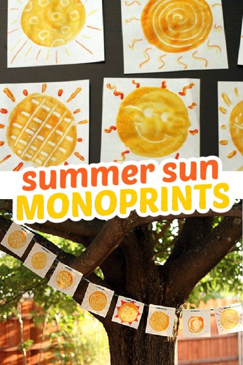 These summer sun monoprints are a fantastic art technique to try with kids to welcome summer this year. Summer Activities For Preschoolers Art, Summer Theme Art, Welcome Summer Crafts For Preschool, First Day Of Summer Toddler Craft, Summer Theme Art Projects For Kids, Summer Season Preschool Activities, Welcome To Summer, Summer Season Activities For Preschool, Welcome To Summer Camp Activities