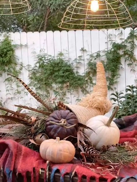 How to make an Easy DIY Cornucopia Basket Diy Cornucopia, Fall Outdoor Decorating, Pottery Barn Pumpkin, Cornucopia Basket, Outdoor Decorating Ideas, Fall Garlands, Thanksgiving Cornucopia, Pumpkin Topiary, Cozy Fall Decor