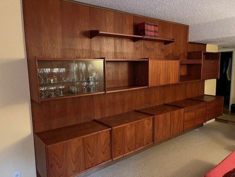 (1) Mid Century Modern & Danish Modern "Designer" Furniture | Vintage Pega Teak wall unit | Facebook Mid Century Wall Unit Diy, Midcentury Wall Unit, Danish Wall Unit, Mid Century Display Hanging Cabinet, Teak Wall Unit, Teak Wall, Furniture Vintage, Mid Century Wall, Wall Unit