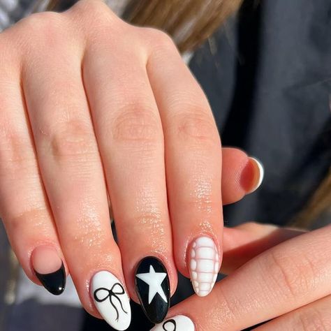 Jenna Kelly | Utah Nail Artist on Instagram: "black & whites 🏁🤍🔗🖤  @mynailgirl_emily absolutely killed these we had to recreate them asap @rylee.brinker I am obsessed x10!!!!  @haha_nails_products cuticle oil   #blushbeautyandco #utahnail #utahnailtech #ogdennails #ogdennailtech #boycottboringnails #springnails #summernails #blackandwhitenails #starnails #hardgelnails #luminarynails #naturalnails #bownails #crocnails #bloomingnails #almondnails #naildesigns #nailartaddict #nailartwow #nailartdesign #trendingnails #frenchtipnails #handpaintednailsart" White And Black Design Nails, Country Concert Nails Ideas Simple, White And Black Nails With Designs, Designs On White Nails, Gel X Nails White, Utah Nails Designs, Nail Inspo Bow, Fun Design Nails, Easy Acrylic Nail Designs