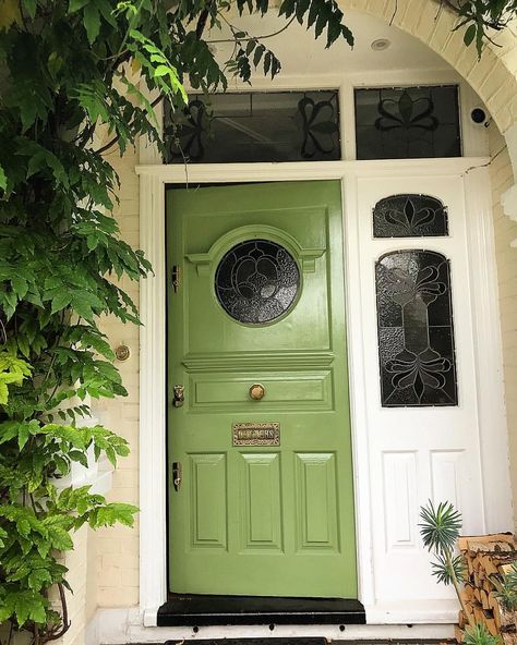 Avocado Green Front Door, White House Colored Door, Pop Of Color Front Door, Vintage Green Front Door, Yellow Front Door Cottage, Eclectic Front Door, Pastel Green Front Door, Green Doors Front Entrance, Cool Front Doors