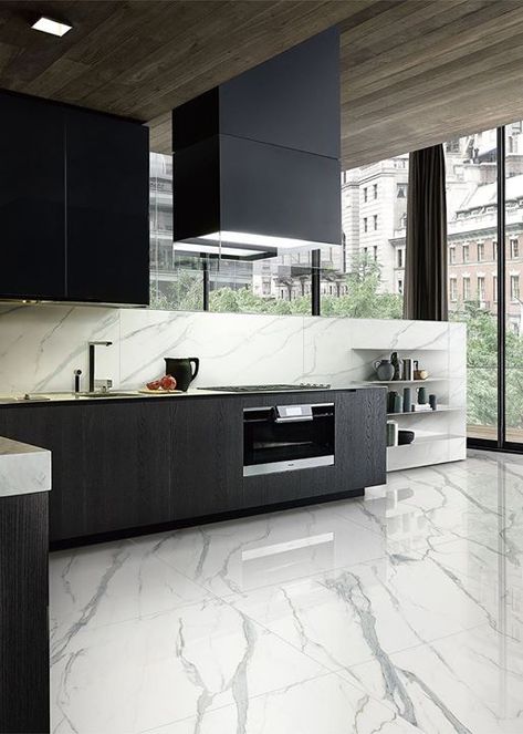 Statuario Venato by GANI MARBLE TILES is similar to the marble used by the great Renaissance sculptors Modern Marble Kitchen, Marble Tile Kitchen, Marble Floor Kitchen, Black Kitchen Design, Kitchen Floor Tile, Kitchen Marble, Interior Kitchen, Kitchen Fittings, Design Del Prodotto