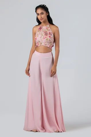 Traditional Crop Top And Pant, Top And Plazo Indian, Plazo With Crop Top Western, Plazo Top Western, Blouse And Plazo Set, Flared Plazo Designs, Plazo And Top Western, Palazoo Sets Crop Tops, Plazo Outfits