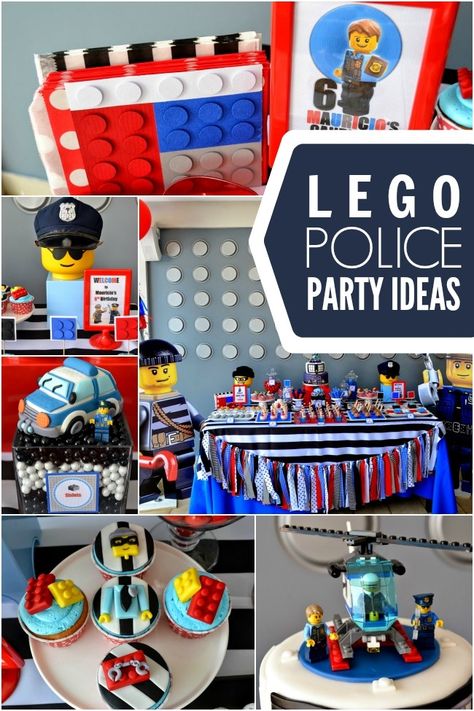 POLICE-LEGO-BIRTHDAY-PARTY-IDEAS Policeman Birthday Party, Police Party Ideas, Lego City Birthday, Police Lego, Police Themed Birthday Party, Birthday Parties For Boys, Police Birthday Party, Lego Party Ideas, Lego City Police