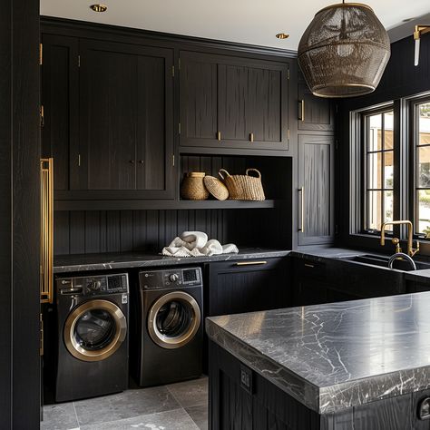 21 Stunning Laundry room Designs That Combine Elegance with Efficiency Laundry Room Black Tile Floor, Restoration Hardware Laundry Room, Dark Green Cabinet Laundry Room, Laundry Rooms With Black Appliances, Dark Floor Laundry Room, Laundry Room With Black Countertop, Dark Utility Room Ideas, Iron Ore Laundry Cabinets, Dark Academia Laundry Room