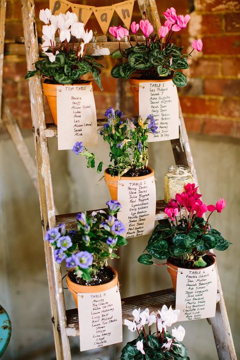 Potted Plant Table Plan | DIY Country Wedding at Warborne Farm, Lymington | Camilla Arnhold Photography Wedding Table Decorations Country, Seating Chart Wedding Garden, Wedding Potted Flowers, Potted Plants Table Decor, Farm Wedding Seating Chart, English Country Wedding Decor, Meadow Wedding Table, Potted Plant Seating Chart, Table Plan Wedding Diy