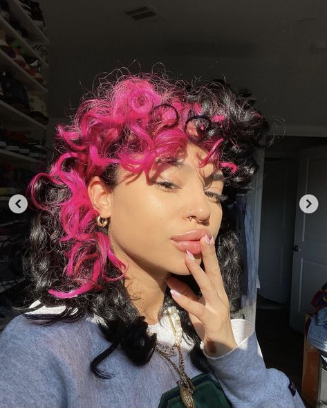 Top And Bottom Split Dyed Hair, Vivid Color On Curly Hair, Short Curly Coloured Hair, Short Curly Dyed Hair Black Women, Crown Dyed Hair, Undercut Dyed Hair Curly, Pink Hair On Curly Hair, Chunky Pink Highlights Curly Hair, Multicolor Curly Hair