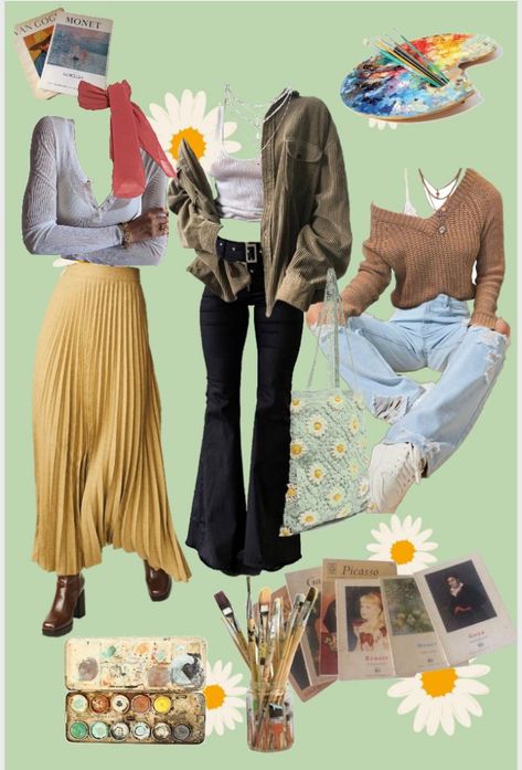 Comfy Student Outfit, Art Student Aesthetic Fashion, Art Kid Aesthetic Outfit, Art Major Outfit, Artsy Girl Outfits, Artistic Outfits Aesthetic, Eden Character, Art Major Aesthetic Outfit, Art School Aesthetic Outfit