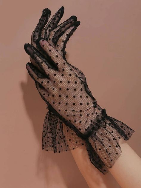 1pair Women Polka Dot Pattern Ruffle Trim Bridal Gloves For Wedding | SHEIN White Lace Gloves, Black Lace Gloves, Trims Fashion, Mesh Fashion, Fashion Gloves, Wedding Tea, Bridal Gloves, Lace Cuffs, Geometric Wedding