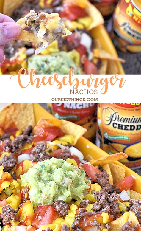 Cheeseburger Nachos - Our Kid Things Cheeseburger Nachos, Cheese Burger, Cheddar Cheese Sauce, Nacho Cheese Sauce, Nacho Cheese, Nachos Recipe, Hot Spicy, Steak Seasoning, Shredded Lettuce