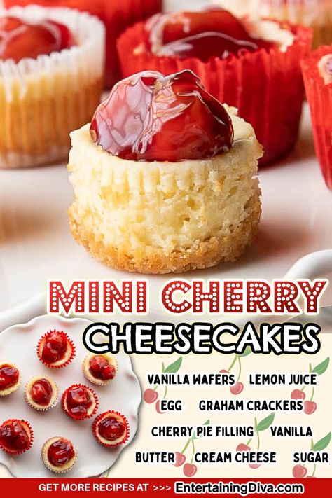 Mini Cherry Cheesecakes With A Vanilla Wafer Crust | Food  Drink Cherry Cheesecake Cupcakes, Traditional Cheesecake, Cheesecake Cupcake, Cheesecake Cupcakes Recipe, Mini Cherry Cheesecakes, Work Potluck, Cherry Cheesecake Recipe, Vanilla Wafer Crust, Vanilla Wafer