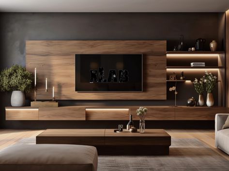 Tv Room Ideas Modern Luxury, Modern Tv Wall With Fireplace, Living Room Designs Wood, Black And Oak Living Room, Black Media Wall, Living Room Tv Wall Ideas, Family Room Tv, Tv Wall Design Luxury, Tv Fal