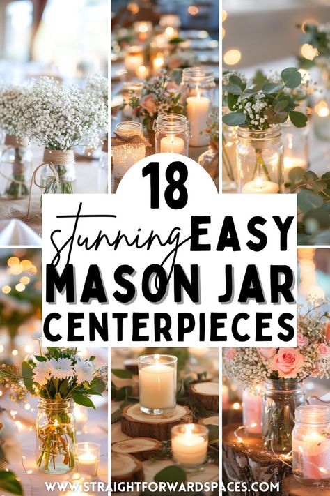 18 stunning easy Mason jar centerpieces featuring simple and stylish ideas for dining tables, kitchen tables, coffee tables, and more. Perfect for adding a touch of elegance to any space with minimal effort. Diy Table Pieces For Wedding, Cute Center Piece Ideas, Burlap Wrapped Mason Jars, Table Decorations Engagement Party, 90th Birthday Table Decor, Simple Tea Light Centerpieces, Decorations For Tables Party, Lights In Jars Centerpieces, Pampas Grass Centerpiece Table