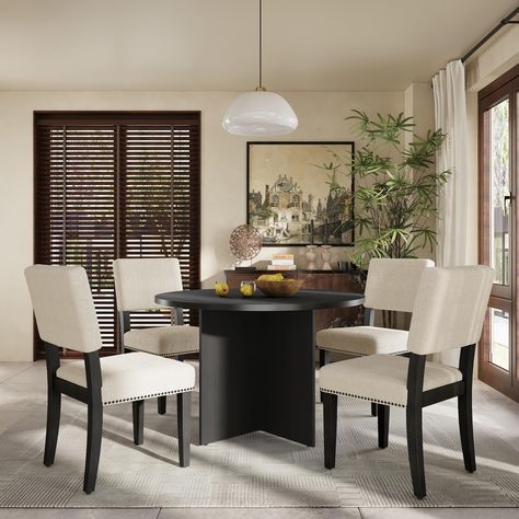 PRICES MAY VARY. Rubber Wood [Modern Dining Table Set] This charming 5-piece dining set includes a round table and four comfy chairs. The dia 46.5inch table, featuring sturdy pine wood legs and a smooth tabletop made of MDF with an acacia wood veneer, can hold up to 550lbs. Each chair is made from durable rubberwood and is designed with plush cushions on the seat and backrest. Holding up to250lbs each, this set combines practicality with homey comfort, making it a lovely addition to any dining r Pedestal Kitchen Table, Round Dining Table Set, Kitchen Table Set, Modern Dining Table Set, Round Dining Table Sets, Pine Boards, Dining Furniture Sets, Kitchen Table Settings, Dining Table Set