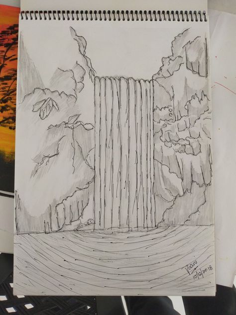 Drawing Of Waterfall, Waterfall Sketch Simple, Easy Waterfall Drawing, Water Fall Drawing Easy, How To Draw Waterfall, How To Draw A Waterfall, Water Falls Drawing, Waterfall Drawing Easy, Waterfall Doodle