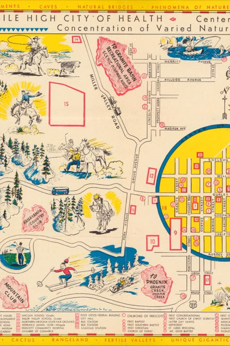 Discover the allure of Prescott, Arizona with our meticulously crafted Vintage Map from 1950, courtesy of the Chamber of Commerce. This Illustrated Pictorial masterpiece embodies the essence of Americana, showcasing the town's rich history and iconic landmarks. Festival Moodboard, Alta Utah, Portfolio Moodboard, Map Inspiration, Arizona Map, Retro Map, Prescott Arizona, Road Trip Map, Youth Hostel