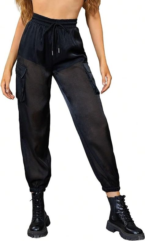 WDIRARA Women's Sheer Mesh High Waisted Straight Leg Cargo Pants with Pockets Black New L at Amazon Women’s Clothing store Cargo Pants Festival, Cargo Pants With Pockets, Straight Leg Cargo Pants, Rave Clothes, Rave Music, Festival Pants, Weekend Party, Overalls Pants, Womens Cami