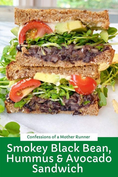 black bean, hummus and avocado sandwich Black Bean Sandwich, Healthy Vegetarian Sandwiches, Beans Sandwich, Avocado Sandwich Vegan, Plant Based High Protein, Bean Sandwich, Mindful Meals, Vegetarian Sandwiches, Black Bean Hummus