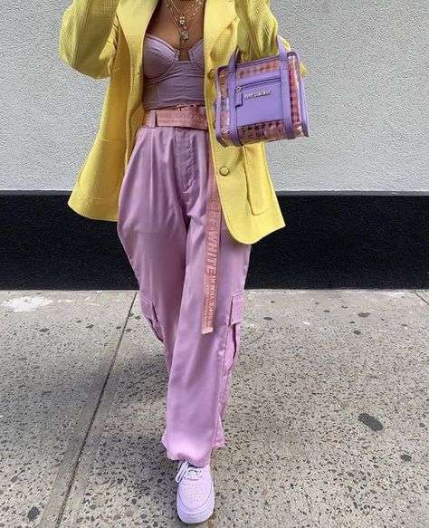 fan outfits account on Twitter: "streetwear… " Aesthetic Clothes Pastel, Y2k Fashion Street Styles, Mode Pastel, Pastel Outfit, Pastel Fashion, Purple Outfits, Yellow Outfit, Color Wheel, Colourful Outfits