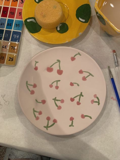 Cherry Pottery Painting, Jewelry Plate Painting Ideas, Cherry Ceramic, Ceramic Plates Designs, Ceramica Ideas, Cherry Bowl, Painted Ceramic Plates, Plate Ideas, Color Me Mine