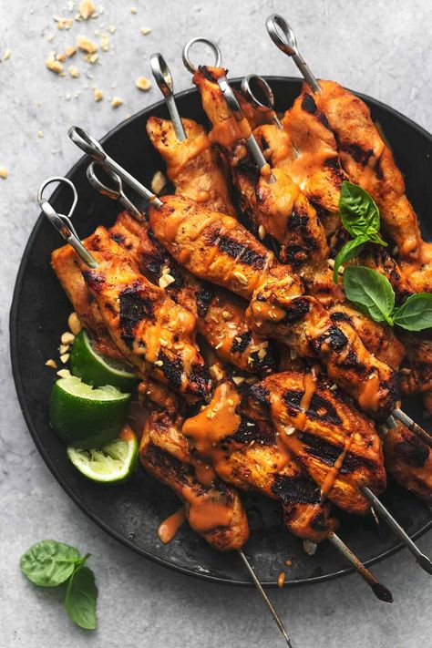 Chicken Satay Skewers with Spicy Peanut Sauce - Creme De La Crumb Peanut Sauce Chicken, Satay Skewers, Chicken Margherita, Thai Chicken Satay, Chicken Satay Skewers, Chicken Satay Recipe, Satay Recipe, Dipping Sauces For Chicken, Spicy Peanut Sauce