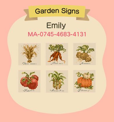 Animal Crossing Orchard Path Code, Acnh Villager Signs, Veggie Signs Acnh, Acnh Vegetable Garden Sign, Signs Acnh Codes, Acnh Sign Design Code Vegetable, Crop Signs Acnh, Acnh Crop Design, Acnh Custom Design Codes Cottagecore