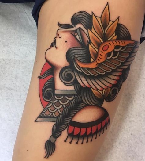 Cloak And Dagger Tattoo, Traditional Tattoo Girls, Traditional Tattoo Woman, Hair Shading, Athena Tattoo, Valkyrie Tattoo, Traditional Style Tattoo, Traditional Tattoo Sleeve, Quality Tattoo