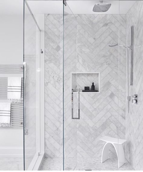 Large herringbone shower, small herringbone floor Mountain Bathroom, Home Decoration Diy, Master Shower, Master Bath Remodel, Bathroom Remodel Designs, Bathroom Remodel Shower, Bathroom Reno, Upstairs Bathrooms, Main Bathroom