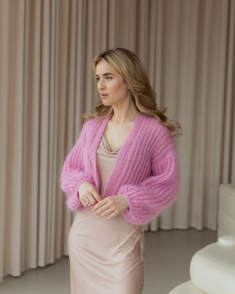 Mohair cardigan in light and breathable fabric will make a stylish and practical addition to your outfits. #cardigan, #cardigansweater, #cardiganoutfit, #pinksweater, #barbieoutfit, #knitwear, #knitwearfashion, #cozysweater, #outfitideas, #lookoftheday Crochet Mohair Cardigan, Crochet Cropped Cardigan, Bridal Cardigan, Crochet Mohair, Knitwear Fall, Mohair Knit, Cardigan Pink, Knitting Women Cardigan, Spring Clothing