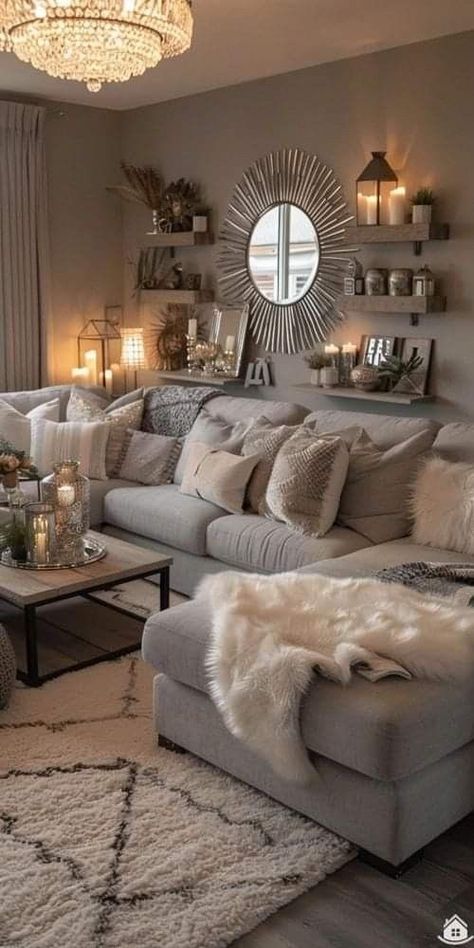 Boho Living Room Brown Couch, Boho Glam Room, Living Room Color Scheme Ideas Cozy, Living Room Designs Cottage Core, Lounge Room Ideas Cosy, Girly Living Room Ideas Apartments, Living Room Inspo Modern Cozy, Warm Tones Living Room, Contemporary Chic Living Room