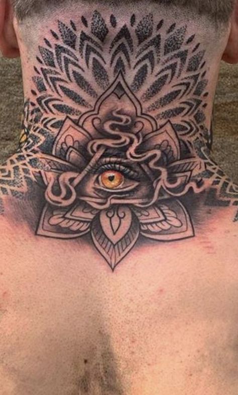 Geometric Throat Tattoo, Mandala Tattoo Mann, Behind The Neck Tattoos, Geometric Tattoo Neck, Back Of Neck Tattoo Men, Chest Neck Tattoo, Mandala Tattoo Men, Front Neck Tattoo, Full Neck Tattoos