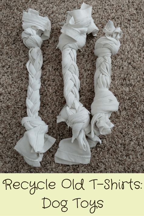 An easy DIY dog toys project - make dog toys out of shirts. Old white t shirt dog toys are a perfect no sew upcycle project requiring just scissors!  The dog loves how I repurpose my husband's shirts.  #repurpose #repurposeclothes #upcycle #upcycleclothes #oldtshirts No Sew Upcycle, Sew Upcycle, Make Dog Toys, Reuse Old Clothes, Diy Pet Toys, Diy Dog Toys, Upcycle Clothes Diy, Upcycle Sewing, Diy Upcycle