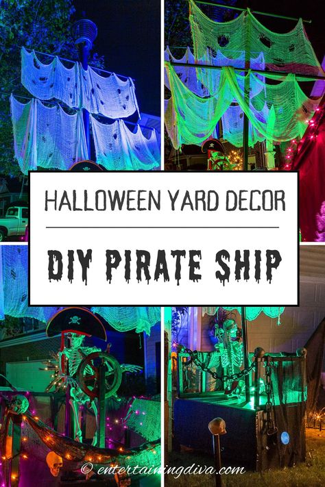 DIY Pirate Ship Halloween Decor Pirate Ship Prop, Pirate Ship Halloween, Diy Pirate Ship, Haunted Pirate Ship, Pirate Halloween Decorations, Diy Pirate, Halloween Haunted House Decorations, Pirate Decor, Pirate Halloween