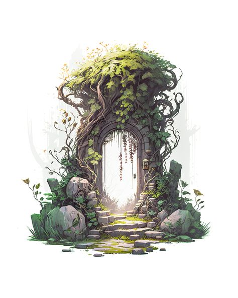 Fantasy Nature Drawing, Fantasy Door Drawing, Cottagecore Concept Art, Fanasty Landscape, Fantasy Environment Art, Fantasy Architecture Concept Art, Fantasy Landscape Drawing, Fantasy Concept Art Environment, Vegetation Drawing